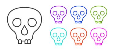 Siyah çizgi Kafatası simgesi beyaz arkaplanda izole edildi. Mutlu Cadılar Bayramı Partisi. Simgeleri renklendirin. Vektör