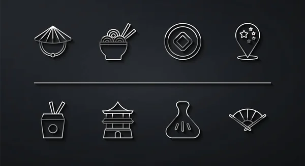 Set line Chinese conical straw hat, Noodles box and chopsticks, China flag, Dumpling, house, Asian noodles bowl, or japanese folding fan and Yuan currency icon. Vector — Stok Vektör