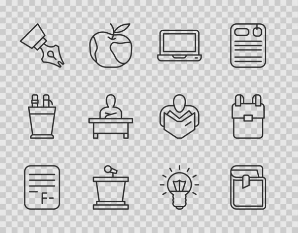 Set line Exam paper with incorrect answers, Book, Laptop, Stage stand, Fountain pen nib, Schoolboy sitting at desk, Light bulb and backpack icon. Vector — Archivo Imágenes Vectoriales