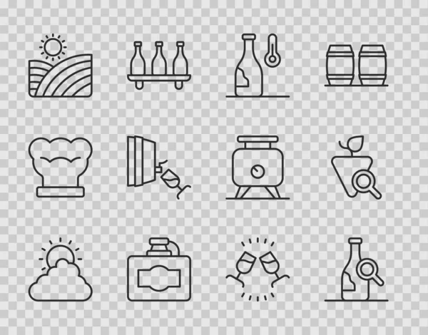 Set line Sun and cloud weather, Bottle of wine, Wine temperature, Cardboard box, Vineyard grapes, tasting, degustation, and Grapes icon. Vector — 스톡 벡터