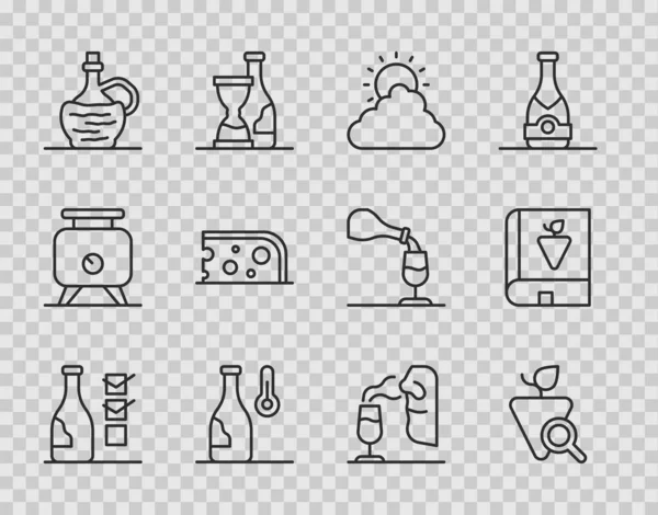 ラインを設定ワインボトル、ブドウ、太陽と雲の天気、ワイン温度、イタリアのフィアスコボトル、チーズ、ソムリエ、ブドウアイコンについての本。ベクトル — ストックベクタ