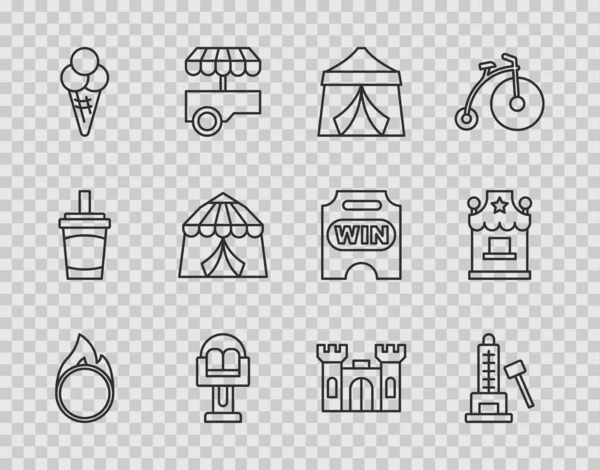 Set line Circus fire hoop, Striker attraction with hammer, tent, Attraction carousel, Ice cream in waffle cone, Castle and Ticket box office icon. Vector — Vetor de Stock