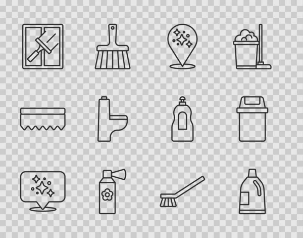 Set line Servicio de limpieza para el hogar, botella para agente, ambientador de aire botella, limpiador de goma ventanas, inodoro, cepillo y basura puede icono. Vector — Archivo Imágenes Vectoriales