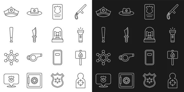 Set line Human target sport for shooting, Protest, Flashlight, Police badge with id case, Military knife, Baseball bat, cap cockade and Flasher siren icon. Vector — Stockvektor