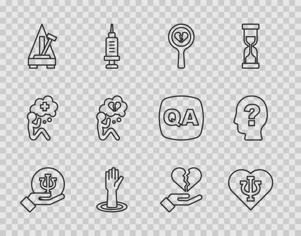 Set line Psychology, Psi, Broken heart or divorce, Helping hand, Metronome with pendulum, and Head question mark icon. Vector — Stockvector