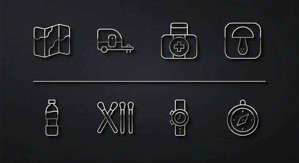 在地图、水壶、蘑菇、愤怒表、火柴棒、 Rv拖车、指南针和急救箱图标上设置线路露营和远足。B.病媒 — 图库矢量图片