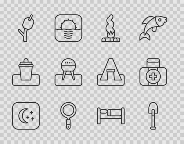 Set line Moon and stars, Shovel, Campfire, Magnifying glass, Marshmallow stick, Barbecue grill, Bed and First aid kit icon. Vector — Stock vektor