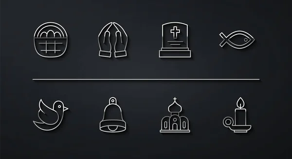 Set line Basket with easter eggs, Dove, Christian fish symbol, Church building, bell, Hands praying position, Burning candle candlestick and Grave tombstone icon. Vector — Wektor stockowy