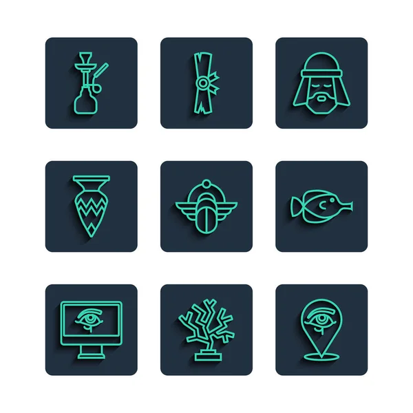 Set line Eye of Horus on monitor, Coral, Egyptian man, Scarab, vase, Hookah and Butterfly fish icon. Vector — Vector de stock