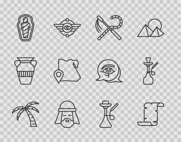 Setzeile Tropische Palme, Papyrusrolle, Krüppel und Dreschflegel, Ägypter, Mumie im Sarkophag, Landkarte, Hakenkreuz und Ikone. Vektor — Stockvektor
