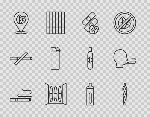 Set line Cigarette, Marijuana joint, spliff, Medical nicotine patches, Tobacco leaf, Lighter, Electronic cigarette and Man smoking icon. Vector — Stock vektor