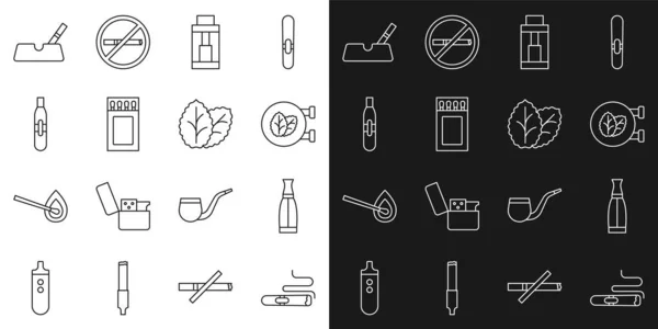 Set line Cigar, Vape liquid bottle, Tobacco leaf shop, mod device, Matchbox and matches, Electronic cigarette, Ashtray with and icon. Vector — Vector de stock