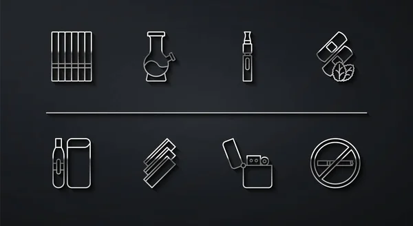 Set line Cigarette, Electronic cigarette, Medical nicotine patches, Lighter, rolling papers, Bong, No smoking and icon. Vector — Archivo Imágenes Vectoriales