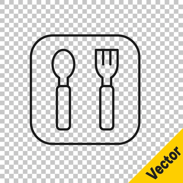 Línea negra Icono de tenedor y cuchara aislado sobre fondo transparente. Utensil de cocina. Signo de cubertería. Vector — Vector de stock