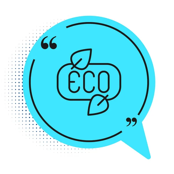 Black line Leaf Eco Symbol Symbol isoliert auf weißem Hintergrund. Banner, Etikett, Etikett, Logo, Aufkleber für Ökogrün. Blaues Sprechblasensymbol. Vektor — Stockvektor