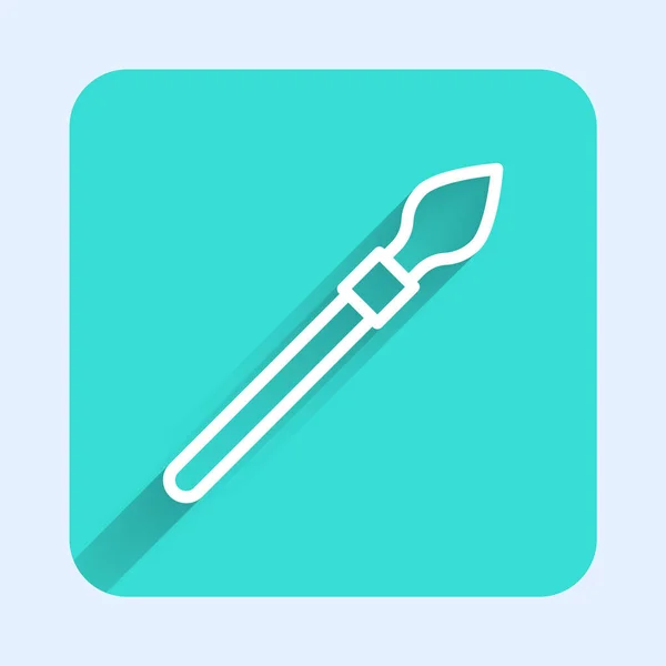 White line Medieval spear icon isolated with long shadow background. Medieval weapon. Green square button. Vector — Stockvektor