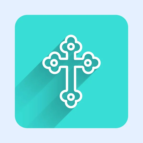 Weiße Linie christliches Kreuz Ikone isoliert mit langen Schatten Hintergrund. Kirchenkreuz. Grüner Quadrat-Knopf. Vektor — Stockvektor