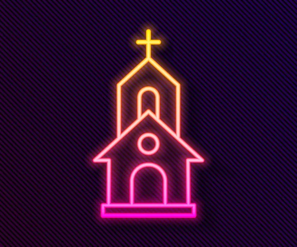 Icono de edificio de la iglesia de línea de neón brillante aislado sobre fondo negro. Iglesia Cristiana. Religión de la iglesia. Vector — Archivo Imágenes Vectoriales