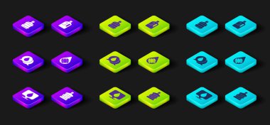 Konumu olan su damlasını ayarlayın, büyük şişe temiz su, konuşma baloncukları, çözünme ve ikon. Vektör