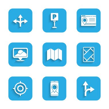 Katlanmış haritayı, şehir navigasyonunu, trafik işaretini, GPS cihazını, hedef spor, konum, şehir ve simge bilgisini ayarlayın. Vektör