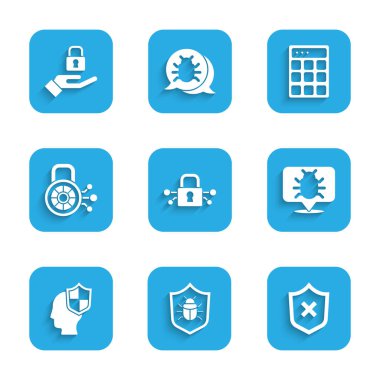 Siber güvenliği, sistem hatasını, haç işaretli kalkanı, kafa kalkanını, şifre korumasını ve kilidi el simgesine ayarla. Vektör