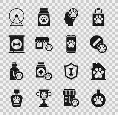 İsim etiketli tasma, evcil hayvan evi, köpek hapı, insan ayak izi veteriner hastanesi, konserve yiyecek, hamster tekerleği ve klinik ikonu. Vektör