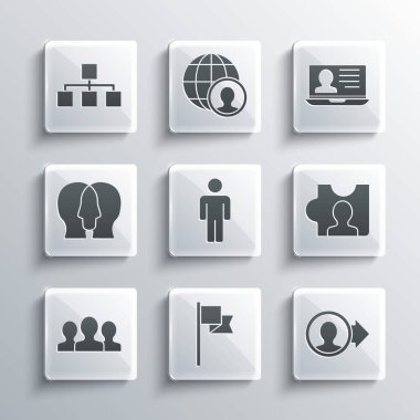 Yer imlemesini, hesap ekran oluşturma, kafa avcılığı, insan kullanıcısı, kullanıcı grubu, proje ekip tabanı, hiyerarşi organizogram şeması ve özgeçmiş simgesi olan dizüstü bilgisayarı ayarla. Vektör