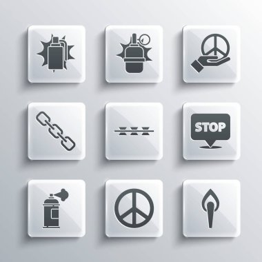 Barış, Meşale, Protesto, Dikenli tel, Boya spreyi, Zincir halkası, El bombası ve ikon. Vektör