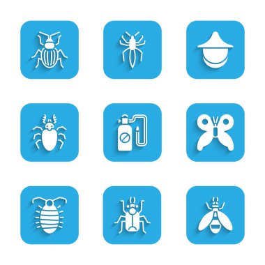 Basınç spreyi, Böcek, Kelebek, Böcek, Böcek, Geyik, Arıcı şapkası ve Chafer böceği simgesini ayarla. Vektör