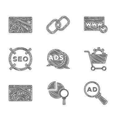 Reklam, büyüteç ve analizi ayarla, alışveriş arabası, tarayıcı ayarı, SEO optimizasyonu, web sitesi şablonu ve istatistik simgesi. Vektör