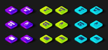 Cüzdan, zırhlı kamyon, ATM ve para, hızlı ödemeler ve para fabrikası ikonu. Vektör