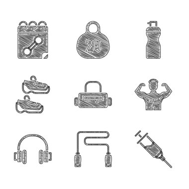 Set Sport bag, Jump rope, Doping syringe, Bodybuilder muscle, Headphones, sneakers, Fitness shaker and Calendar fitness icon. Vector