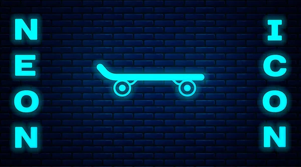 Lumineux néon Skateboard icône isolée sur fond de mur de briques. Le sport extrême. Équipement sportif. Vecteur — Image vectorielle