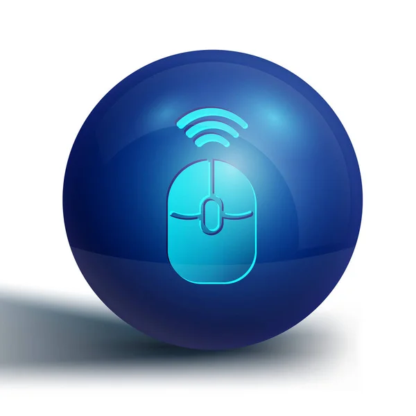 Ícone do mouse computador sem fio azul isolado no fundo branco. Óptico com símbolo de roda. Botão de círculo azul. Vetor —  Vetores de Stock