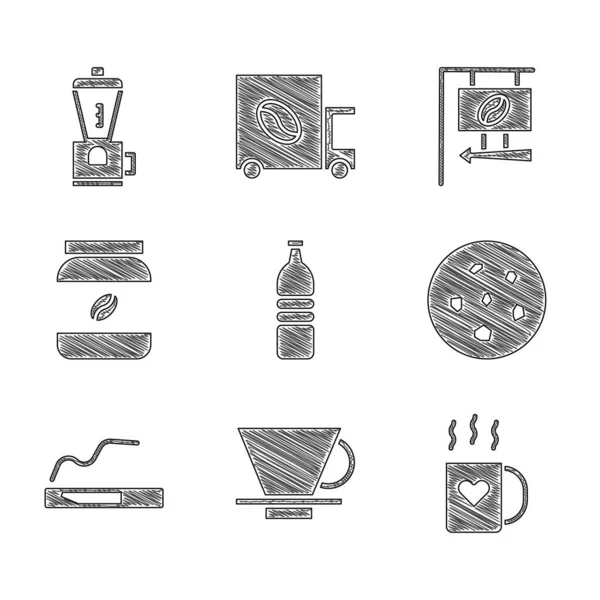Set Bottle of water, V60 coffee maker, Coffee cup and heart, Cookie or biscuit, Cigarette, jar bottle, Street signboard and Electric grinder icon. Vector — Wektor stockowy