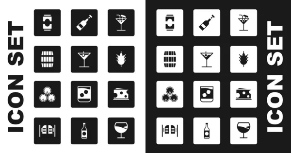 Set Cocktail, Verre Martini, Baril en bois, Bière, Hop, Bouteille ouverte de vin, icône Fromage et barriques. Vecteur — Image vectorielle
