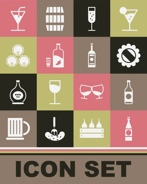 Set Beer bottle, Bottle cap, Glass of champagne, Vodka with pepper and glass, Wooden barrels, Cocktail and vodka icon. Vector — Image vectorielle