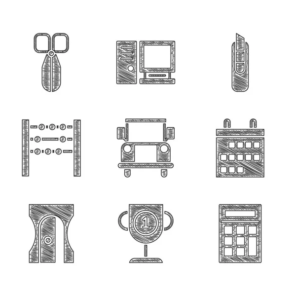 Okul servisi, ödül kupası, hesap makinesi, takvim, kalem açacağı, abaküs, kırtasiye bıçağı ve makas simgesi. Vektör