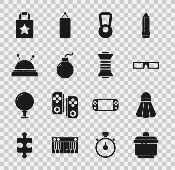 Set kookpot, Badminton shuttlecock, Cinema bril, Kettlebell, Bom klaar exploderen, Naalden bed en naalden, Papier boodschappentas en naaigaren spoel pictogram. Vector — Stockvector