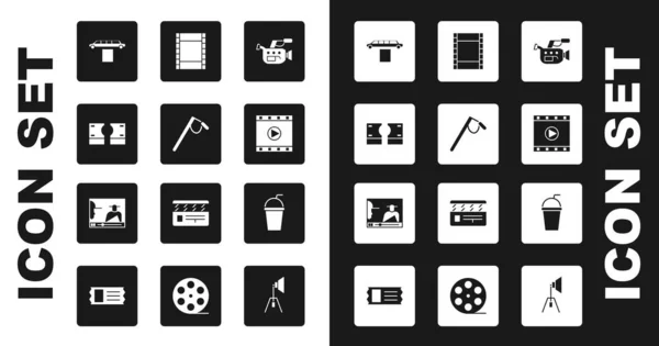Set Cinema κάμερα, μικρόφωνο, στοίβες χρήματα χαρτί μετρητά, λιμουζίνα αυτοκίνητο και χαλί, Play Video, γυαλί χαρτί με άχυρο και on-line εικονίδιο βίντεο παιχνίδι. Διάνυσμα — Διανυσματικό Αρχείο