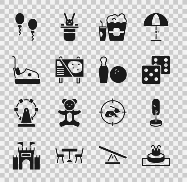 Set Fountain, Tree, Game dice, Popcorn box and glass, Amusement park billboard, Bumper car, Balloons and Bowling pin ball icon. Vector — Archivo Imágenes Vectoriales