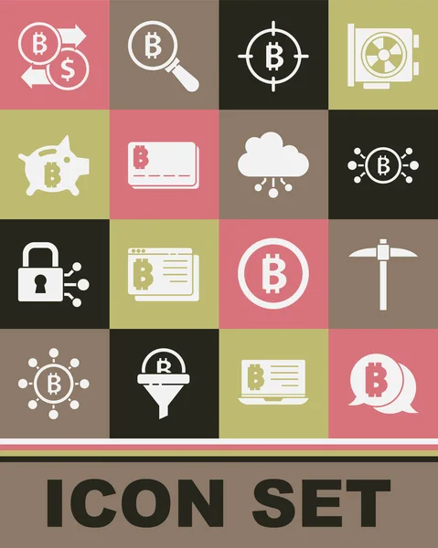 Set Bitcoin, Spitzhacke, Schaltung, das Ziel, Kreditkarte mit Bitcoin, Sparschwein, Kryptowährungsbörse und Cloud-Mining-Symbol. Vektor — Stockvektor