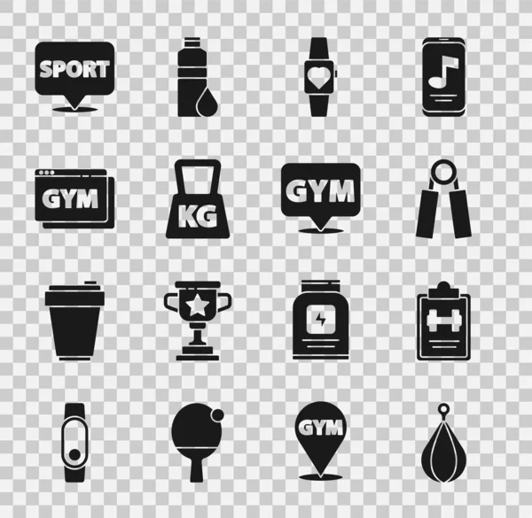 Set Punching bag, Sport training program, expander, Smartwatch, Weight, Online fitness, Location gym and icon. Vector — стоковый вектор