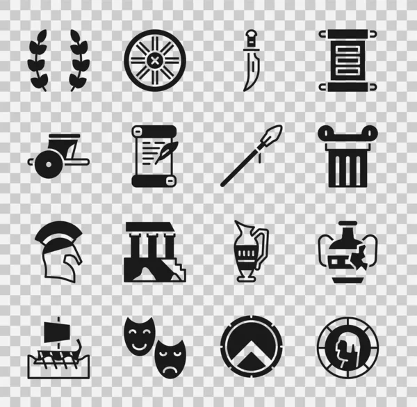 Set Ancient Greek coin, Broken amphorae, column, Dagger, Decree, parchment, scroll, chariot, Laurel wreath and Medieval spear icon. Vector — стоковый вектор