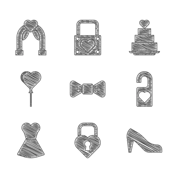 Set Bow tie, Castle in the shape of heart, Woman shoe, Please do not disturb, dress, Balloons form, Wedding cake with and arch icon. Vector — Archivo Imágenes Vectoriales
