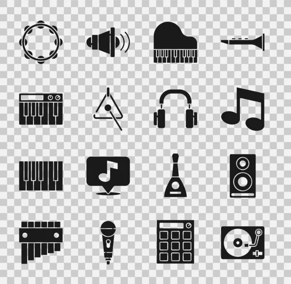 Set Vinyl player with vinyl disk, Stereo speaker, Music note, tone, Grand piano, Triangle, synthesizer, Tambourine and Headphones icon. Vector — Stockvector