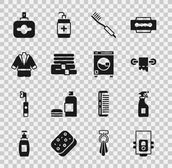 Set Gas boiler, Cleaning spray bottle, Toilet paper roll, Toothbrush, Towel stack, Bathrobe, Perfume and Washer icon. Vector — Archivo Imágenes Vectoriales
