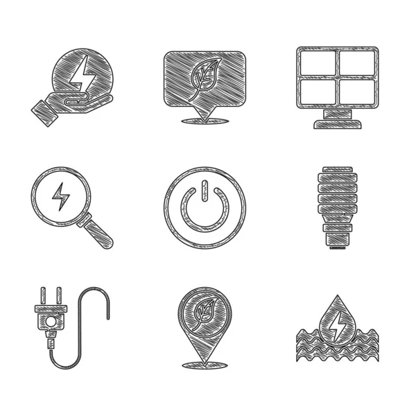 Set Power button, Location with leaf, Water energy, LED light bulb, Electric plug, Lightning bolt, Solar panel and icon. Vector — Vector de stock