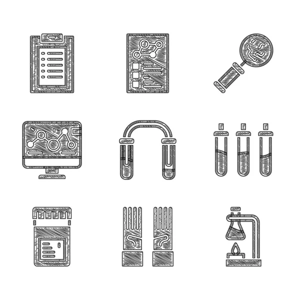 Test tüpünü, matarayı, tıbbi lastik eldivenleri, yanan şişeyi, katkı maddeleriyle dolu kavanozu, genetik mühendisliği modifikasyonunu, mikroorganizmaları büyüteç ve klinik kayıt simgesi altında ayarla. Vektör