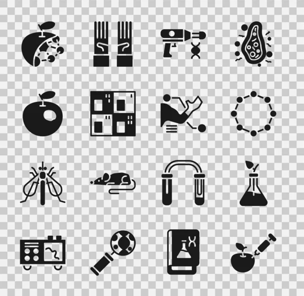 Set Genetically modified apple, Plant breeding, Chemical formula, Transfer liquid gun, Periodic table, Biological structure and Prosthesis hand icon. Vector — Archivo Imágenes Vectoriales